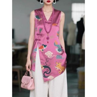 [Khuyến mãi ngắn hạn] Áo vest đỏ hồng phong cách Trung Quốc, thiết kế khóa kéo sang trọng, trendy mùa hè.