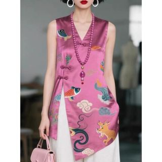 [Khuyến mãi ngắn hạn] Áo vest đỏ hồng phong cách Trung Quốc, thiết kế khóa kéo sang trọng, trendy mùa hè.