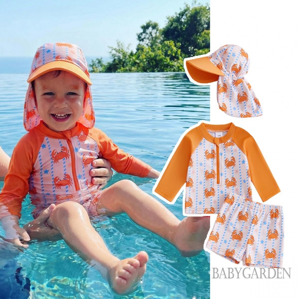 Bộ bảo vệ phát ban cho trẻ em 0-5 tuổi Bộ đồ bơi khô nhanh Bộ đồ bơi in hình con cua Áo dài tay Quần bơi Mũ chống nắng Bộ đồ tắm