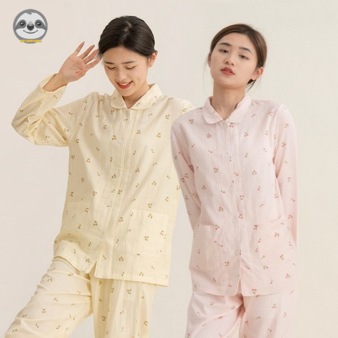 Quần dài tay anh đào cotton nguyên chất dành cho nữ Đồ ngủ / Gạc cotton hai lớp Mặc cha mẹ và con cái / Thoải mái mềm mại có thể mặc Bộ đồ ngủ bên ngoài / Mồ hôi thoáng khí chất lượng cao @