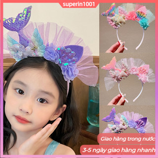 Trẻ Em Nhiều Màu Sắc Bật Sáng Đuôi Nàng Tiên Cá Băng Đô Bé Gái Đính Kim Sa Lấp Lánh Vỏ Biển Tulle Siêu Cổ Tích Phong Cách Công Chúa Hoa Tóc