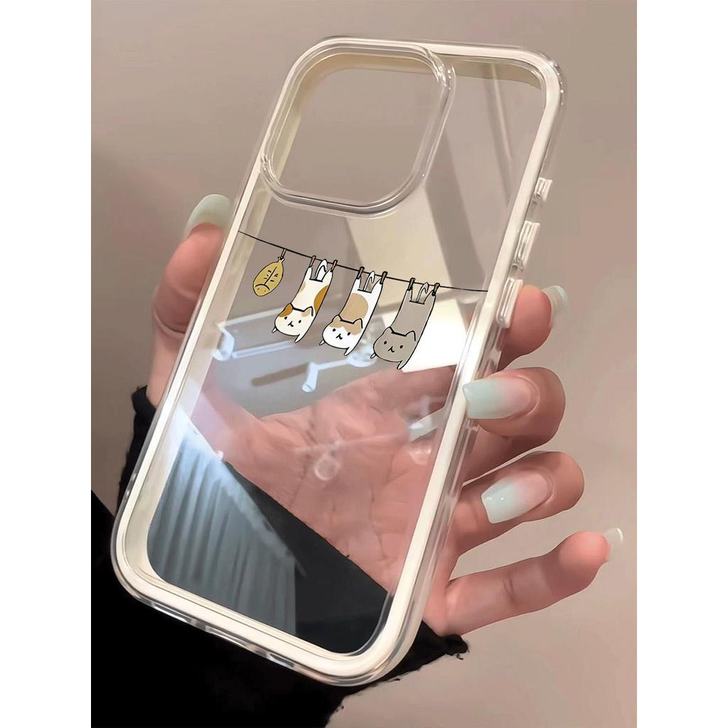 Mèo con trên dây phơi quần áo cho 16 trường hợp iPhone 17Air 3 trong 1 bezel 14 13 11Pro