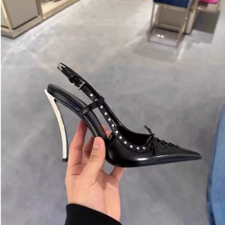 Mũi Nhọn Đinh Tán Giày Nữ Mùa Xuân Hè 2025 Mũi Che Lưng Dép Trống Stiletto Ren Cao Gót Thời Trang Sang Trọng Giày Đơn