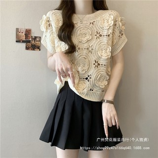 Áo len nữ cổ tròn họa tiết hoa 3D, kiểu slim-fit phù hợp mùa hè