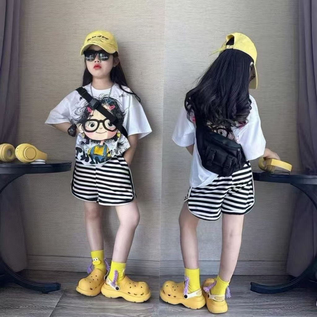 Quần short áo thun hoạt hình hai mảnh thường ngày mùa hè cho bé gái 90-170 Size SI2S