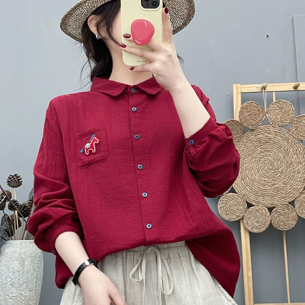 [Hàng có sẵn] Áo sơ mi nữ 100% cotton chất lượng cao, retro art, thiết kế thoải mái với túi và chi tiết thêu pony