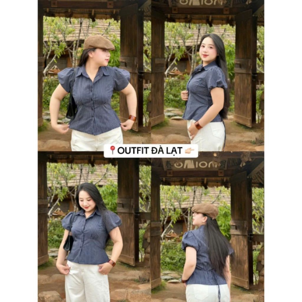 Áo sơ mi kẻ sọc tay bồng A4 chiết eo dễ phối đồ hàng loại 1có bigsize - Sam botique