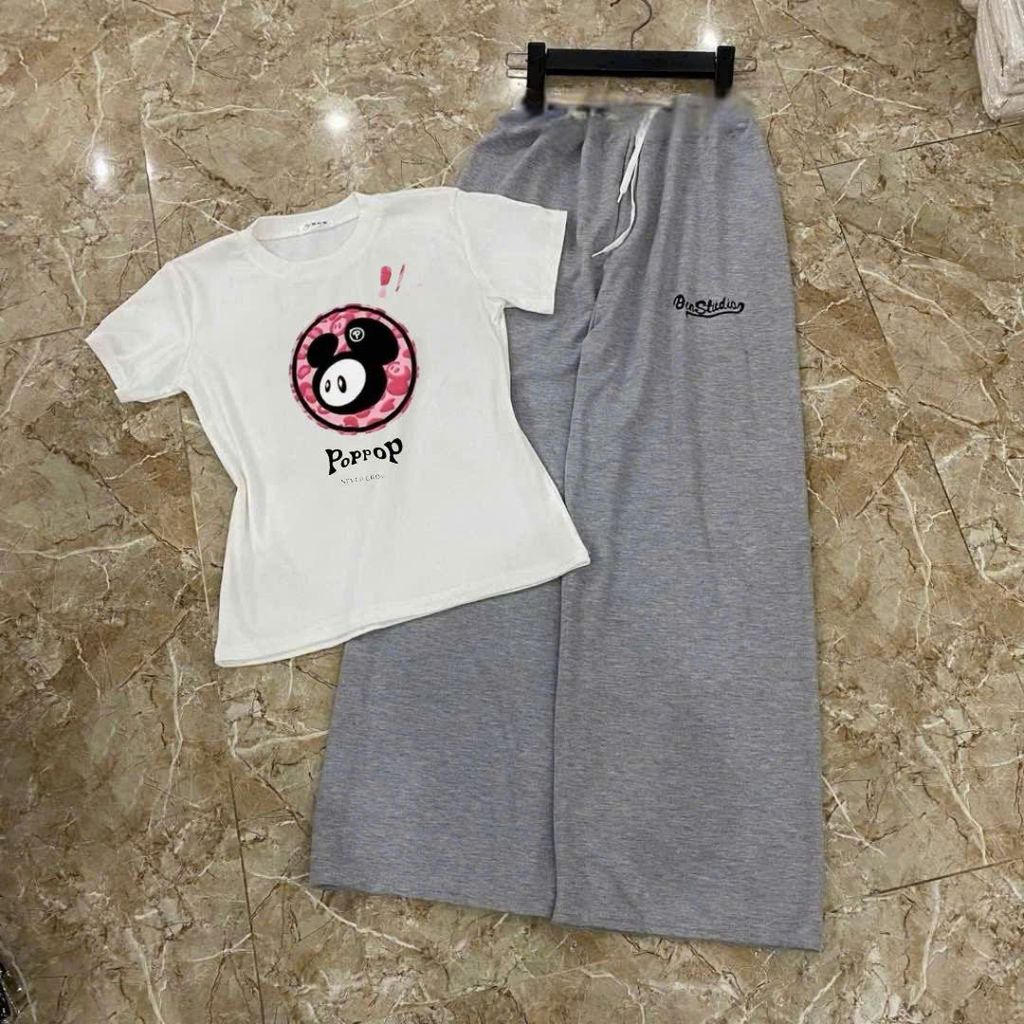 Sét bộ đồ nữ dáng dài da cá màu xám đậm chữ kí +phối áo CROPTOP tăm cờ mỹ -THOITRANGTHUBIO