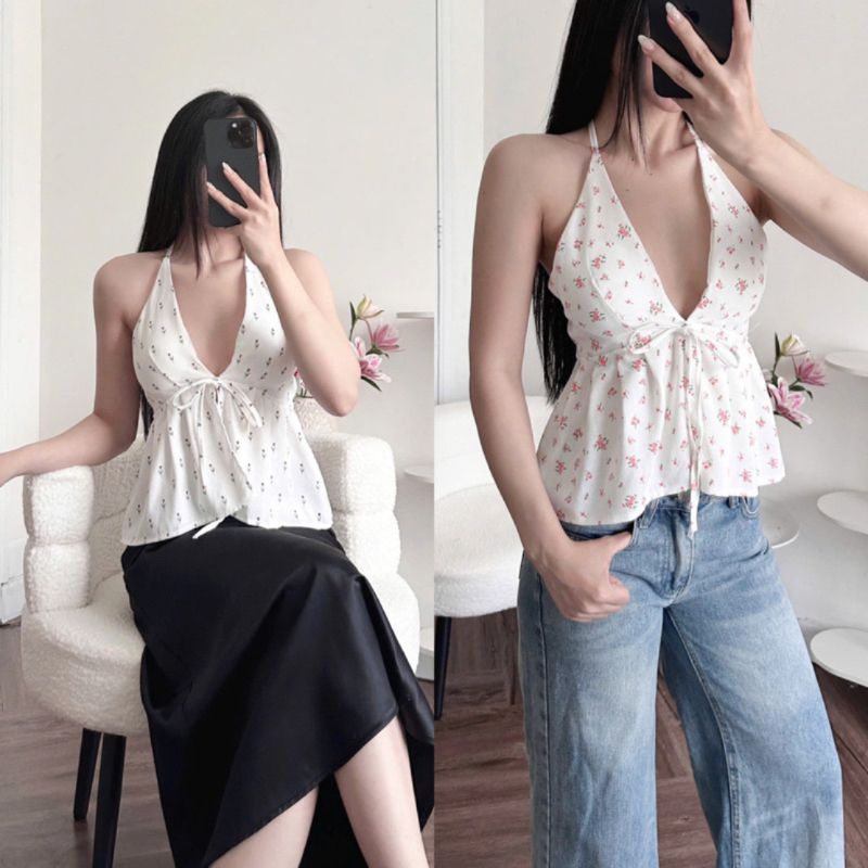 (CÓ ĐỆM) Áo Yếm Nữ Linen Hở Lưng Hoa Nhí Cột Dây đi biển mùa hè vintage m66005 - Sam Botique