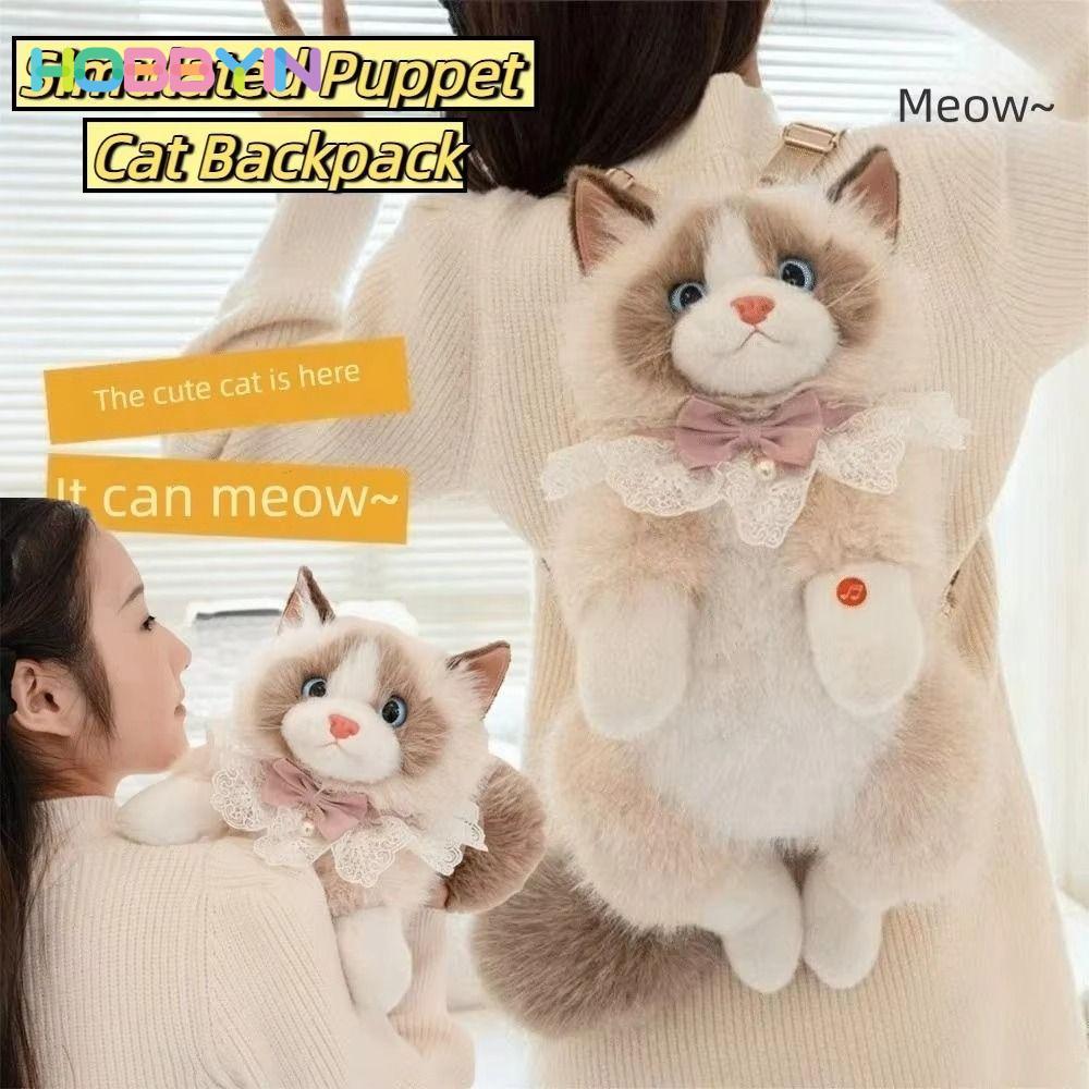 Ba lô mèo sang trọng HOBBYIN, Ba lô mèo hình con rối mô phỏng hoạt hình dễ thương, Túi đi học mềm mại Daypack