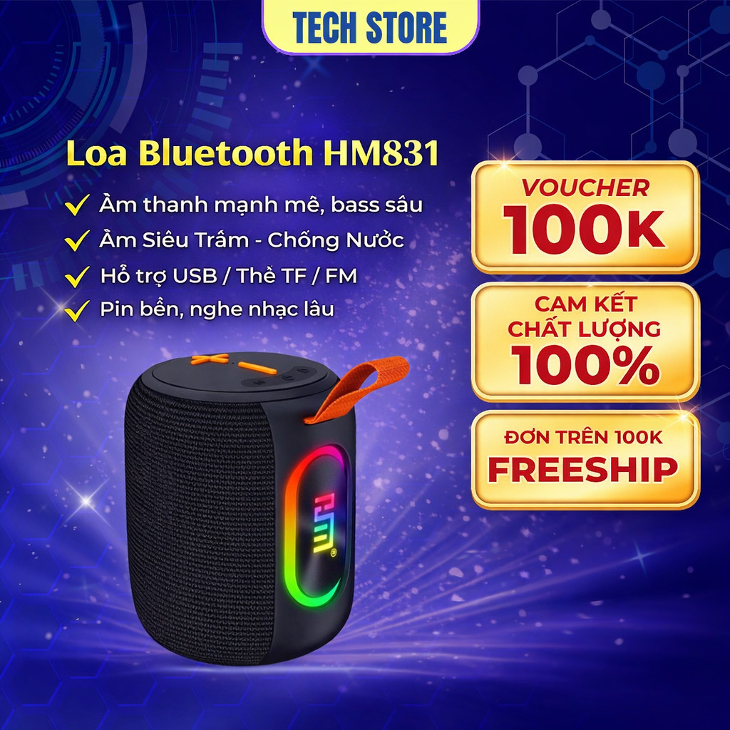𝐓𝐞𝐜𝐡 𝐒𝐭𝐨𝐫𝐞 Loa Bluetooth Mini HM-831 Không Dây Xách Tay Siêu Bass Đèn LED Chống Nước