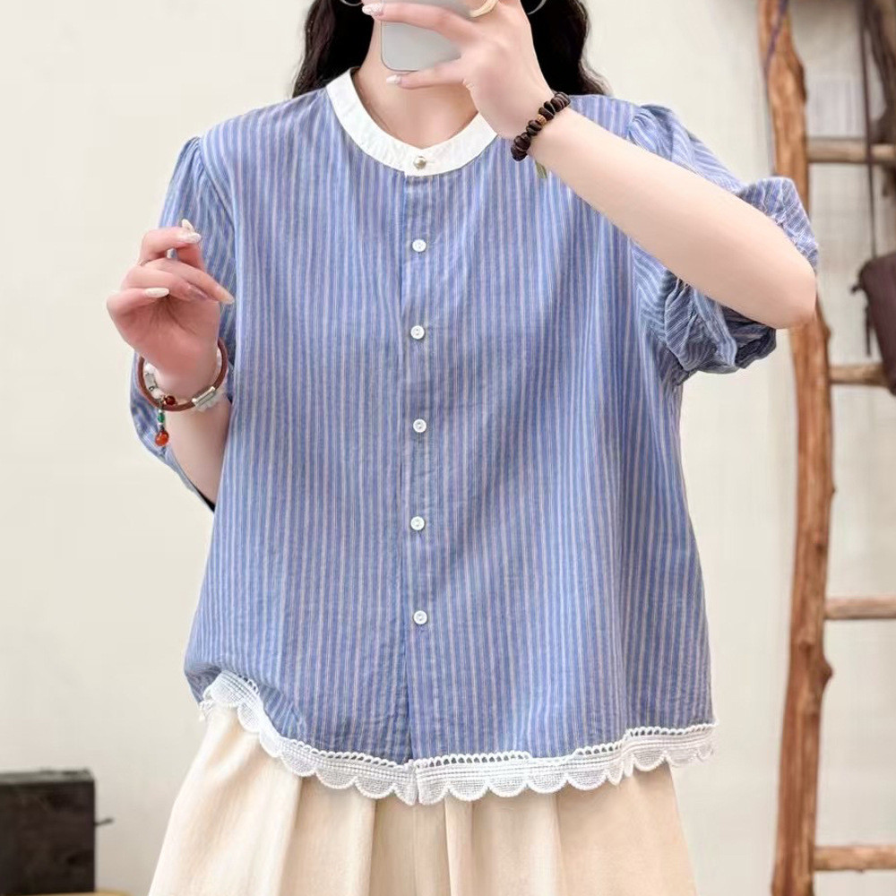 [Hàng có sẵn] Áo sơ mi nữ 100% cotton chất lượng cao, tay ngắn, phù hợp mùa hè với chi tiết sọc và xếp ly nhấn nhá.