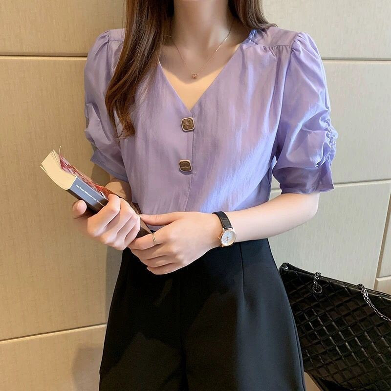 Áo sơ mi nữ màu tím mỏng, phong cách Hàn Quốc với tay phồng voan nhẹ nhàng cho mùa hè