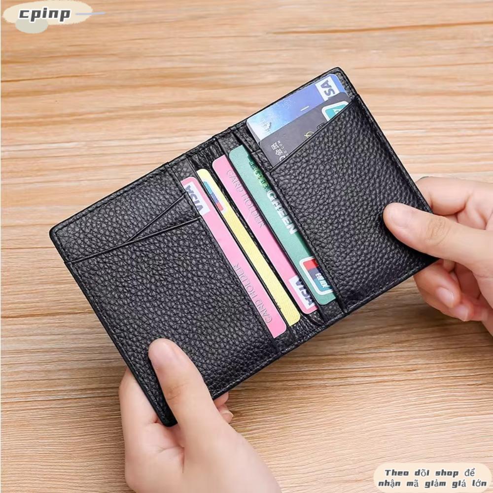Ví siêu mỏng CPINCP, Ví nam màu đen mỏng, Ví đựng thẻ bền bằng da thật mềm chất lượng cao