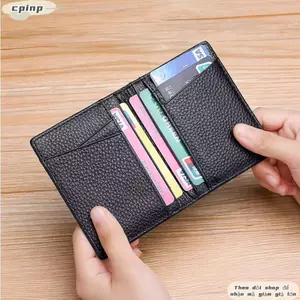 Ví siêu mỏng CPINCP, Ví nam màu đen mỏng, Ví đựng thẻ bền bằng da thật mềm chất lượng cao