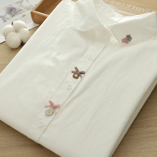 <![Sẵn Sàng] Áo sơ mi nữ 100% sợi cotton cao cấp, thiết kế hoa văn thêu nơ tinh tế, phù hợp mùa xuân 2026