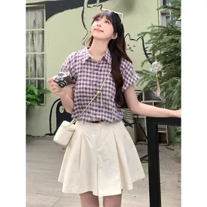 Mútô Áo sơ mi nữ retro kẻ sọc hoa ngắn tay mùa hè 2026 - Thiết kế mới mỏng nhẹ