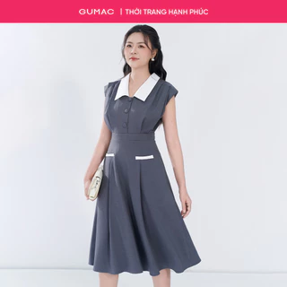 Đầm nữ GUMAC A cổ V phối trắng xếp ly 2 lớp vải bố linen dày dặn thanh lịch  DF05054