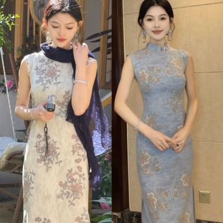 Đầm không tay xu hướng mới, thiết kế Trung Hoa, dây kéo, in họa tiết sườn xám, phù hợp xuân hè