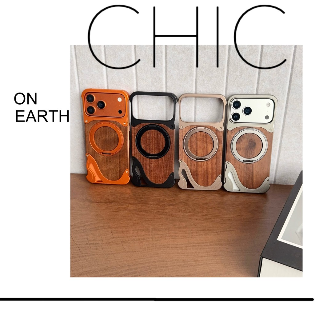 Hợp kim nhôm sang trọng không vành 360°Ốp điện thoại giá đỡ từ tính cho IPhone 14 15 16 17 Pro Max Vỏ kết cấu gỗ óc chó chống sốc