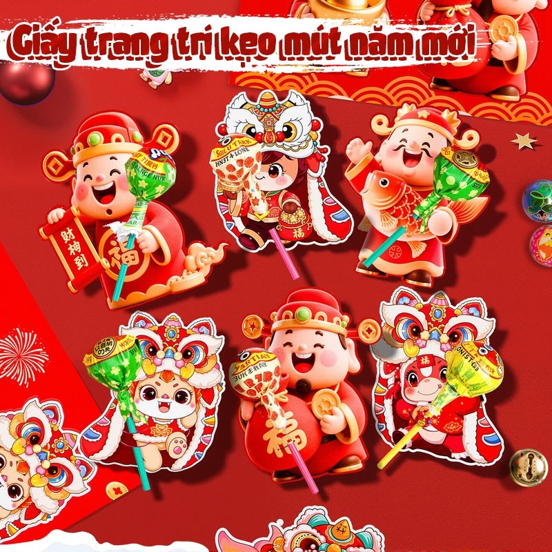 Thẻ gắn kẹo năm mới 2026 - Set 60 cái cắm kẹo mút hình Thần Tài vui nhộn, thiết kế xinh xắn, phụ kiện trang trí Tết