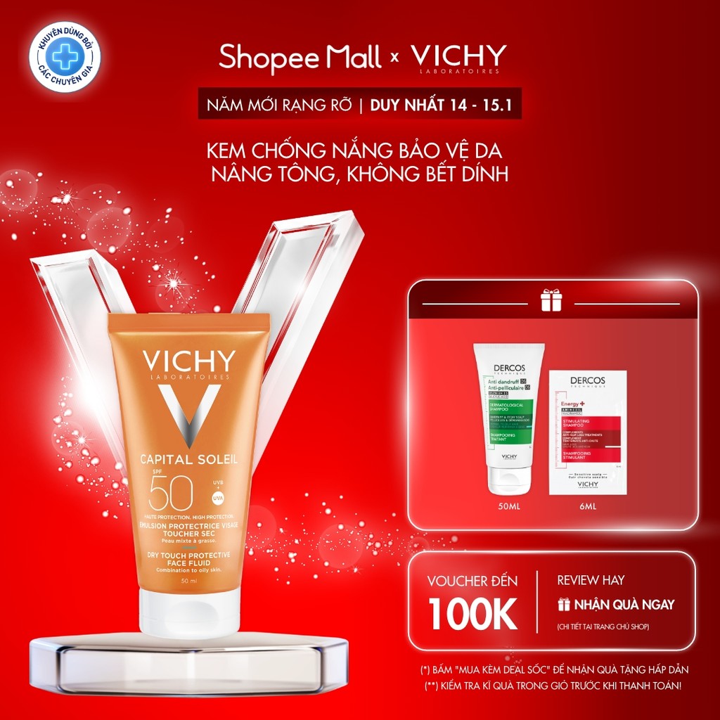 Kem chống nắng không nhờn rít, nâng tông tự nhiên, mỏng nhẹ SPF 50 UVA +UVB Vichy Capital Soleil Dry Touch