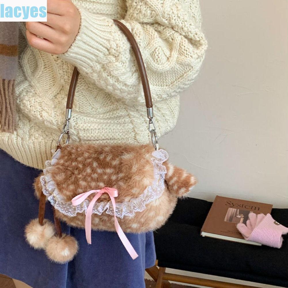 Túi đeo chéo sang trọng LACYES, Túi đeo vai sang trọng có nơ ren hươu, Túi xách nữ dày dễ thương Preppy phong cách nhẹ lông thú nhẹ