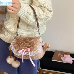 Túi đeo chéo sang trọng LACYES, Túi đeo vai sang trọng có nơ ren hươu, Túi xách nữ dày dễ thương Preppy phong cách nhẹ lông thú nhẹ
