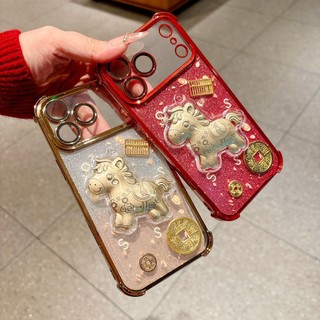 Có Tiền 3D Vàng Ngựa Bảo Vệ Ống Kính Phim Lấp Lánh Mạ Điện Thoại Cho iPhone 17Promax 17Pro 12 13 14 15 16 Pro Max 11 Silicon Mềm Wrsit Chain Vỏ Di Động