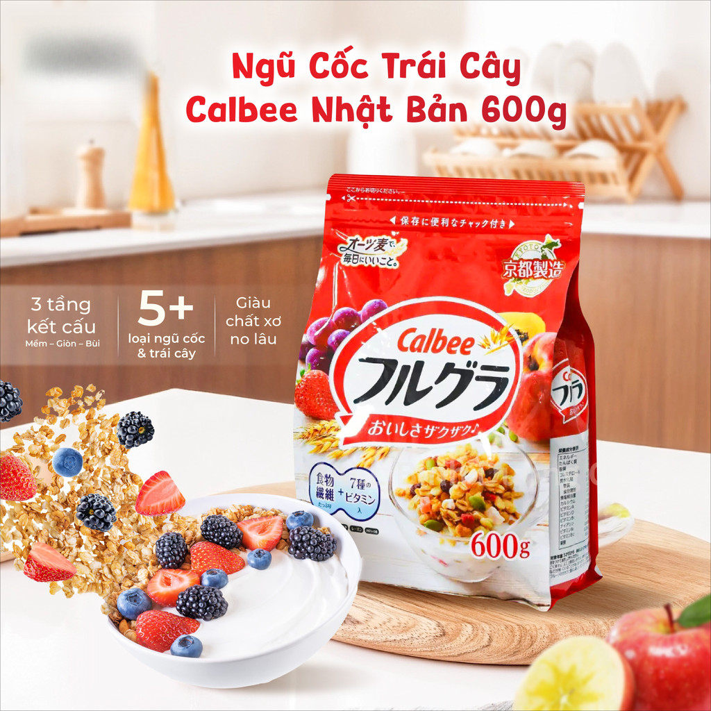 Ngũ Cốc Trái Cây Calbee Nhật Bản Gói 600g, Ngon Giòn Giàu Chất Xơ Ít Chất Béo Bổ Sung Dinh Dưỡng