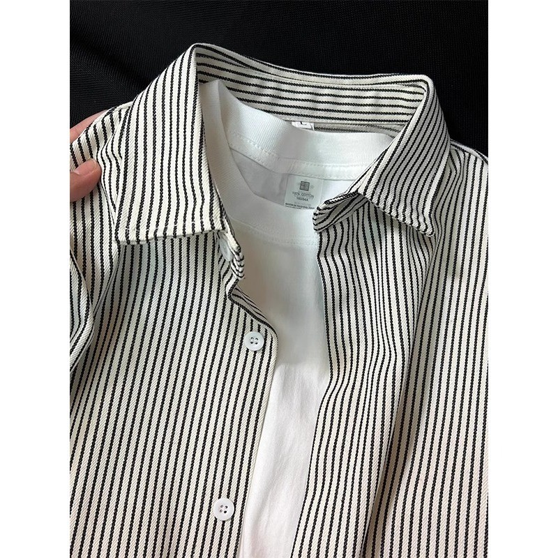 Áo sơ mi dài tay sọc vải mát mẻ dáng rộng thông thường Áo Cardigan phổ thông hàng đầu