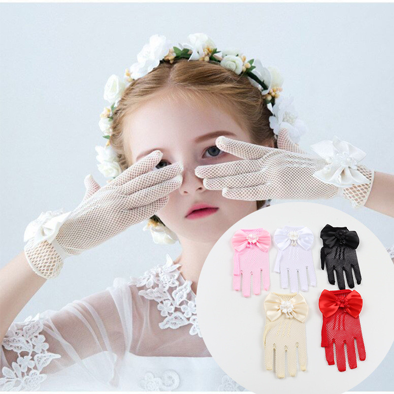 Găng Tay Trẻ Em Mùa Hè Mỏng Phong Cách Bé Gái Lưới Co Giãn Nơ Công Chúa Hiển Thị Hoa Cô Gái Cô Dâu Cưới Ngón Tay Trắng