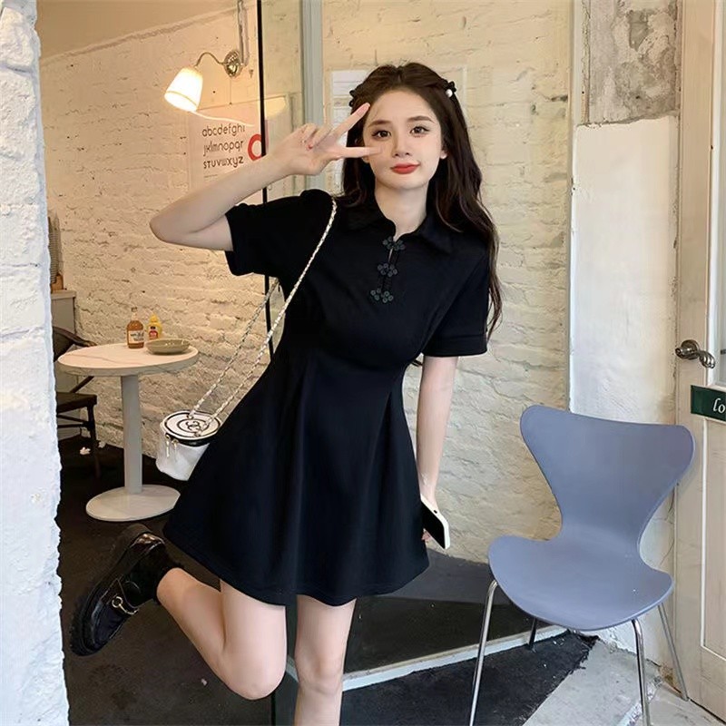 Đầm ngắn nữ cao cấp màu đen chất liệu sườn xám, phù hợp mặc mùa hè