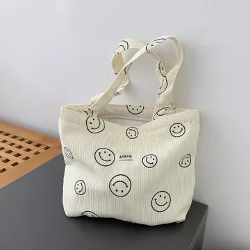 Túi tote vải nhung nụ cười Túi tote vải nhung Túi tote vải nhung Túi đựng đồ ăn trưa Túi đựng sức chứa lớn Túi vải dệt Túi vải Dây kéo Túi thông thường Túi vuông nhỏ Hàn Quốc Dây kéo Corduroy Mặt cười