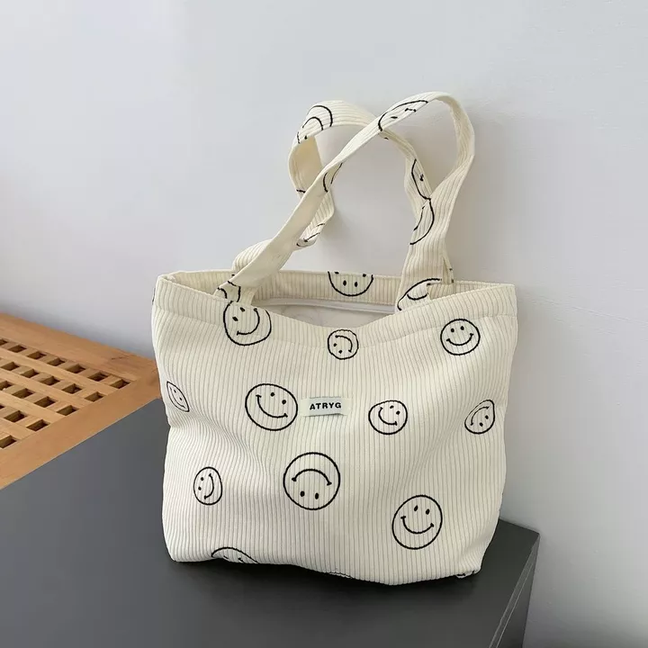 Túi tote vải nhung nụ cười Túi tote vải nhung Túi tote vải nhung Túi đựng đồ ăn trưa Túi đựng sức chứa lớn Túi vải dệt Túi vải Dây kéo Túi thông thường Túi vuôn