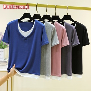 Áo thun cotton nữ mùa hè giả hai mảnh áo thun tay ngắn mới ren mỏng đáy áo sơ mi đa năng mỏng hàng đầu