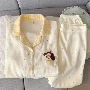 Polka Dot Puppy Hoạt Hình Đám Mây Cotton Nguyên Chất Gạc Bộ Đồ Ngủ Nữ 2025 Xuân Thu Dài Tay Rời Loungewear Mùa Hè