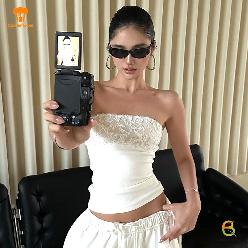 Áo quây ren sequin trắng không tay, áo vest nữ mới, gợi cảm dành cho mùa hè