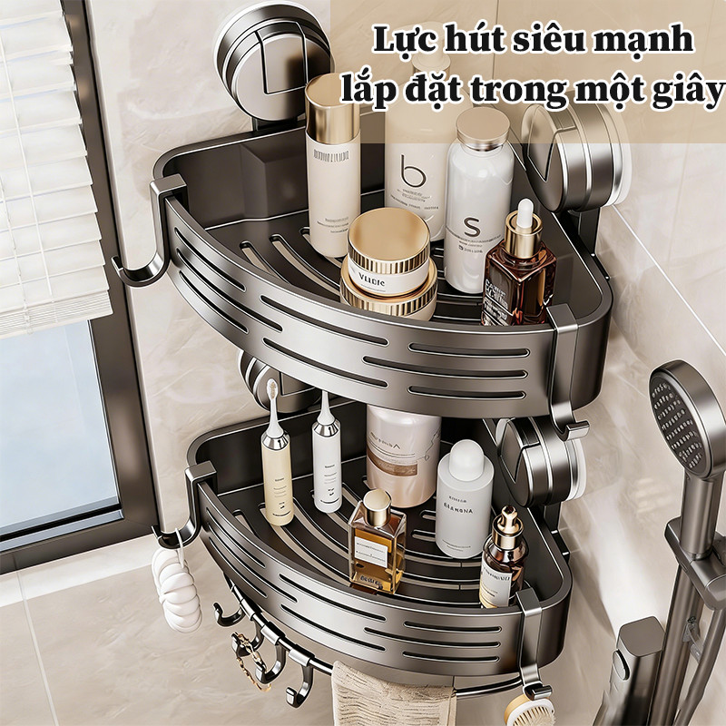 Kệ Góc Nhà Tắm Hút Chân Không - Kệ Để Đồ Đa Năng, Không Khoan, Hút Siêu Chắc, Kèm Móc Treo