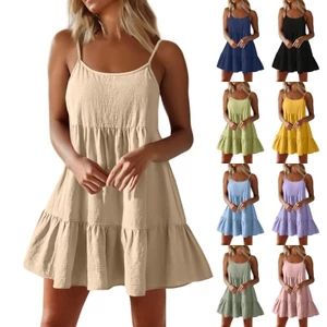 Dây đeo Spaghetti dành cho nữ Váy ngắn xếp tầng xếp nếp thường ngày đi biển Boho