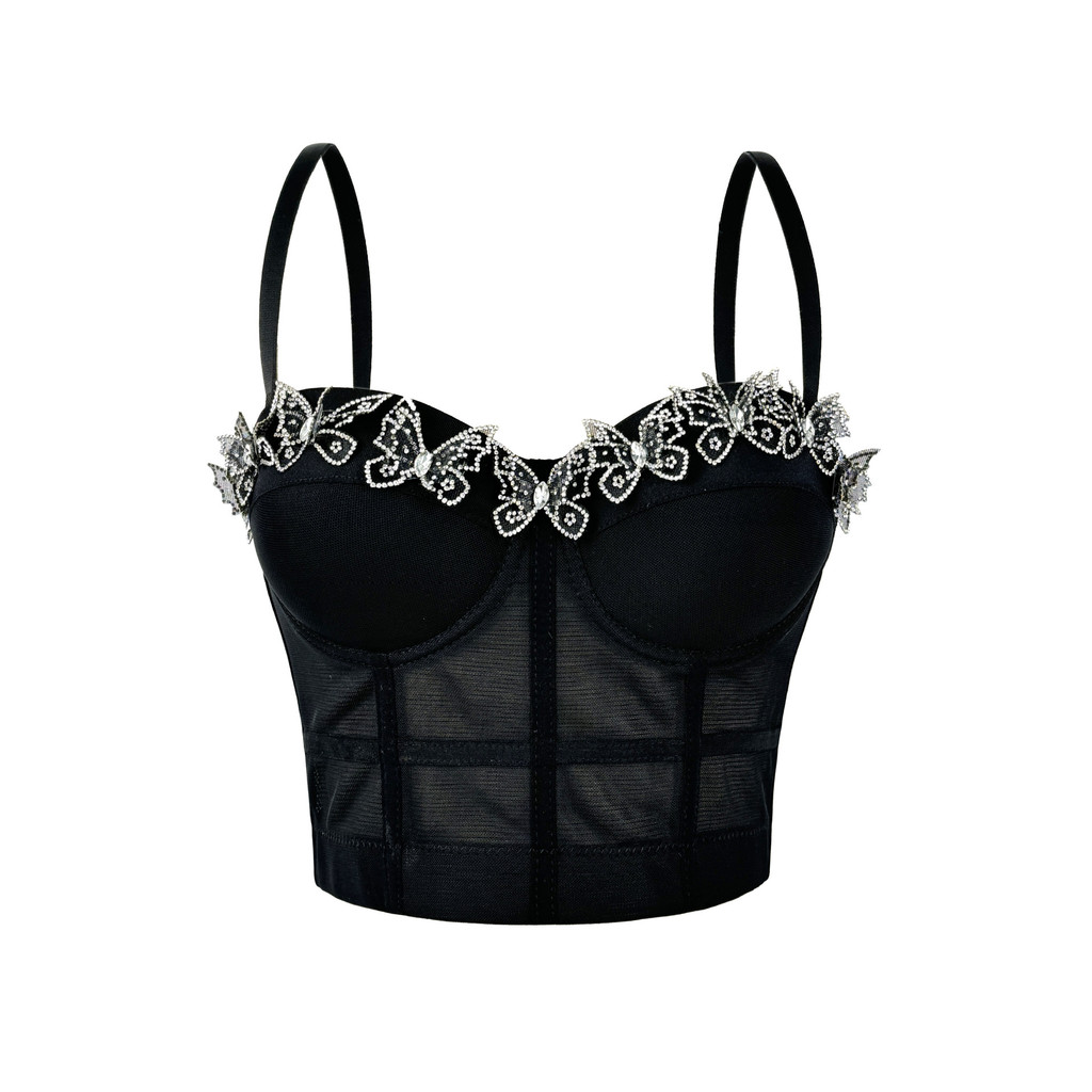 Bộ đồ camisole vest lưới gạc gợi cảm có xương cá corset, làm từ nhựa xương cá, dáng slim-fit