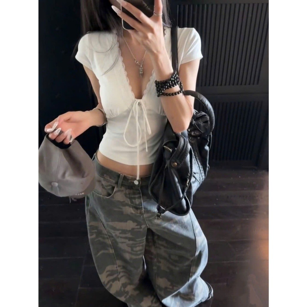 Áo cộc tay nữ thiết kế cổ V phối ren thắt nơ phong cách sexy quyến rũ hàng QCCC XIMIMI SP425