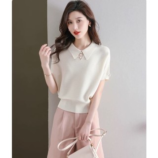 Dễ thương Áo Polo Băng Lụa Tay Ngắn Cho Nữ, Phong Cách Hàn Quốc, Mùa Hè