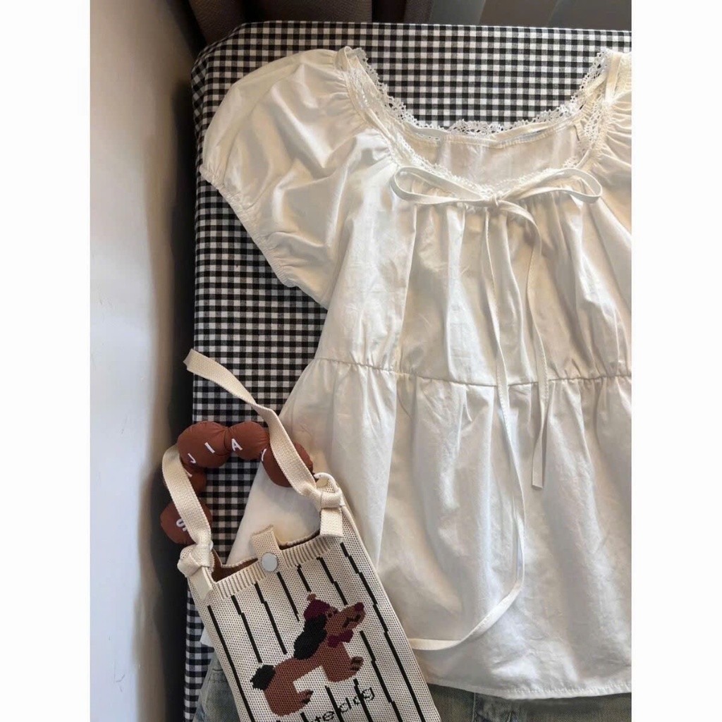 Áo babydoll ngắn tay cổ ren phối nơ kiểu Pháp dễ thương XIMIMI SP442