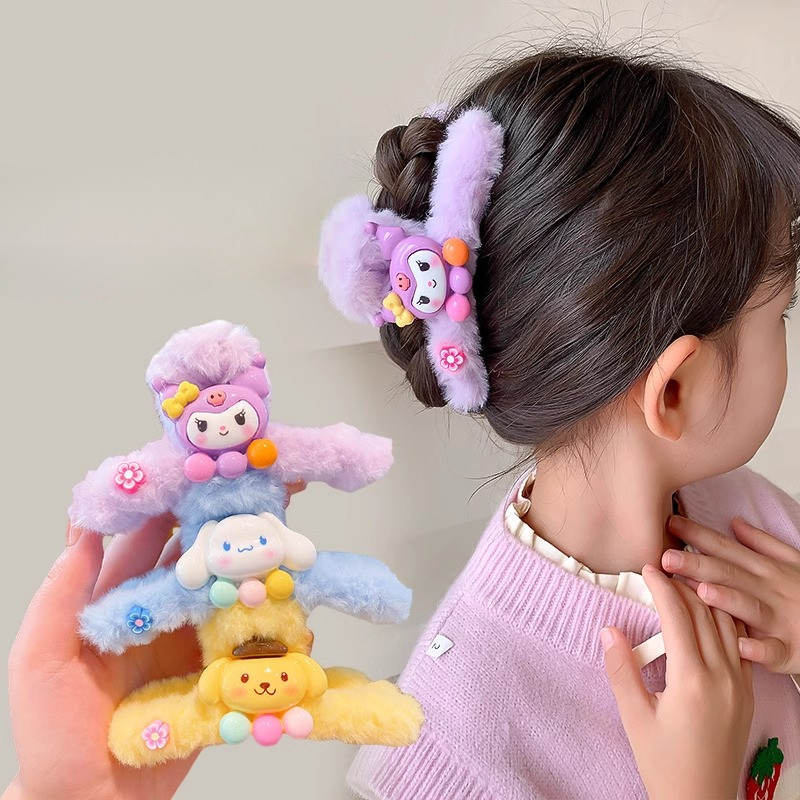 Kẹp Tóc Càng Cua Kuromi Phủ Lông Cá Mập Kẹp Trẻ Em Thu Đông Sanrio Hoạt Hình Dễ Thương Sang Trọng Kẹp