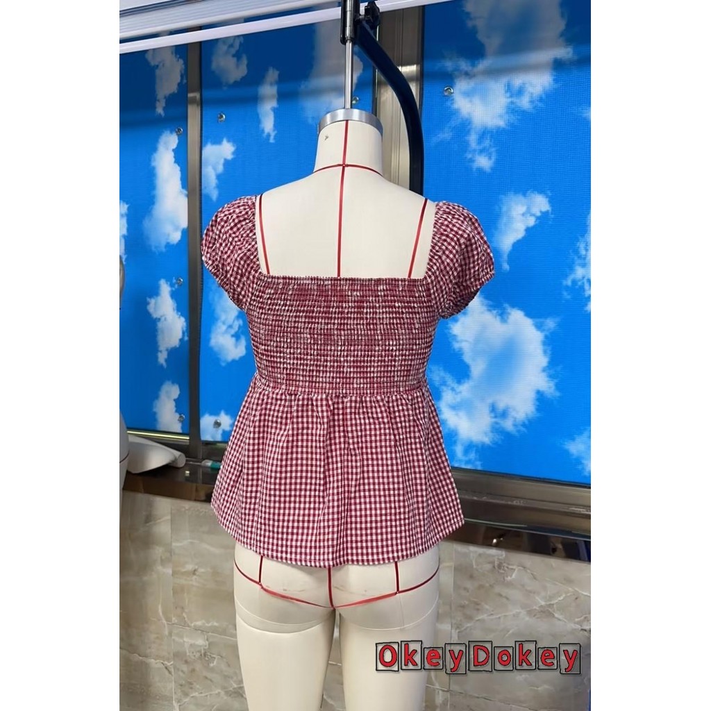 OKDK-Nữ 1 / 4 Áo Sơ Mi Tay Kẻ Sọc Nút Người Yêu Đường Cổ Áo Sơ Mi Thường Ngày Thời Trang Mùa Hè Slim Fit Áo Dạo Phố