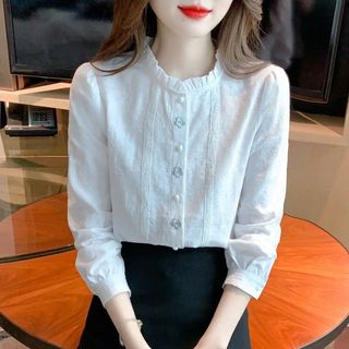 Áo sơ mi nữ cổ bèo mới, chất liệu cotton nguyên chất, áo thun dệt kim thêu họa tiết jacquard thời trang