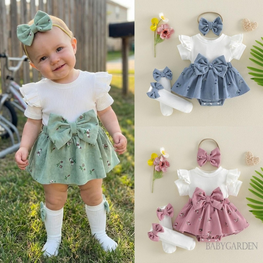 Bộ trang phục mùa hè cho bé gái Váy ngắn tay áo liền quần + Tất dài + Bộ băng đô Quần áo sơ sinh