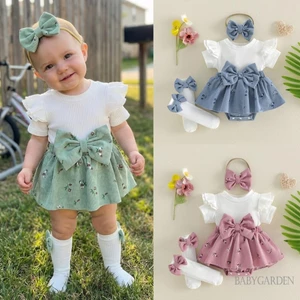 Bộ trang phục mùa hè cho bé gái Váy ngắn tay áo liền quần + Tất dài + Bộ băng đô Quần áo sơ sinh