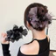 Thanh Lịch Phong Cách Pháp Lưới Nơ Tóc Sang Trọng Pha Lê Mặt Dây Chuyền Scrunchies Người Nổi Tiếng Vuốt Kẹp